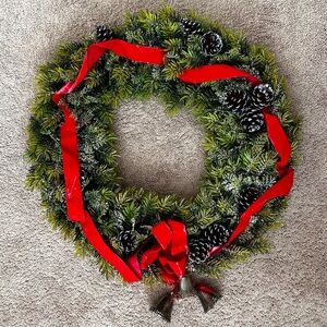 Elegant Artificial Green Christmas Holiday Wreath with Red Ribbon and Pinecones